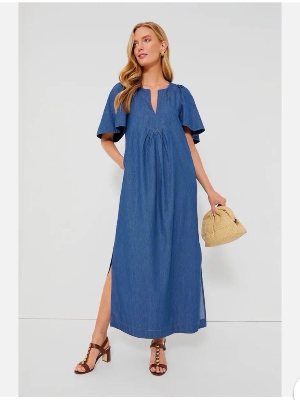 Pomander Place Blue Chambray Maxi Dress with Flutter Sleeves